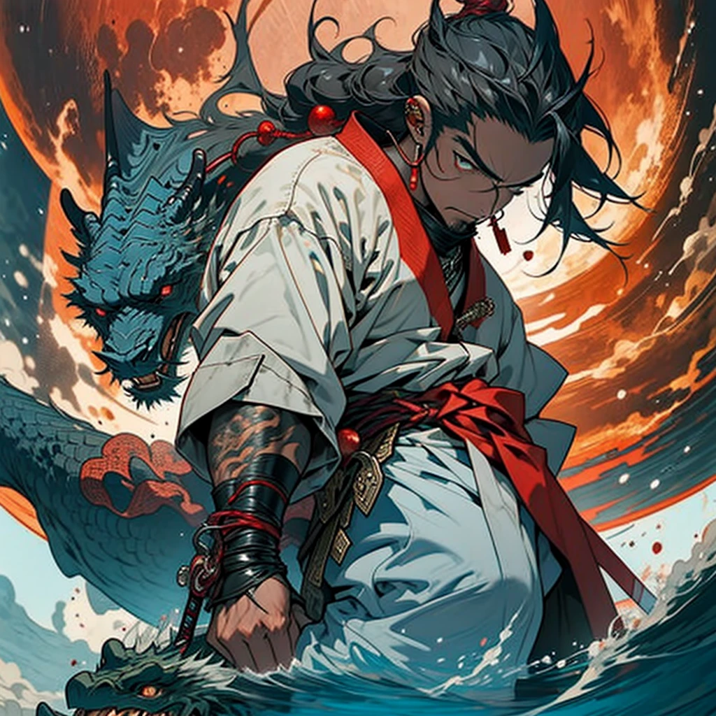 Swordsman with half-grown beard, long tied hair, sword engulfed in flames, with the red moon behind