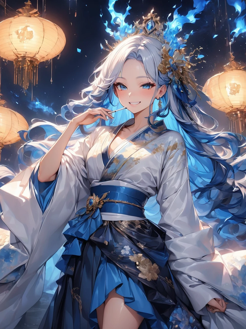 Highest quality, Highest quality, 16K, Unbelievably absurd, Very detailed, 2.5D, delicate and dynamic,Blue Flame,終焉のBlue Flame,Blue Hell,The End of the Sky,woman,22 years old,Elegance,Glittering kimono,Vivid decoration,Shiny Hair,Queen,smile,ridicule,Piper smokes a cigarette,Reminiscent of death
