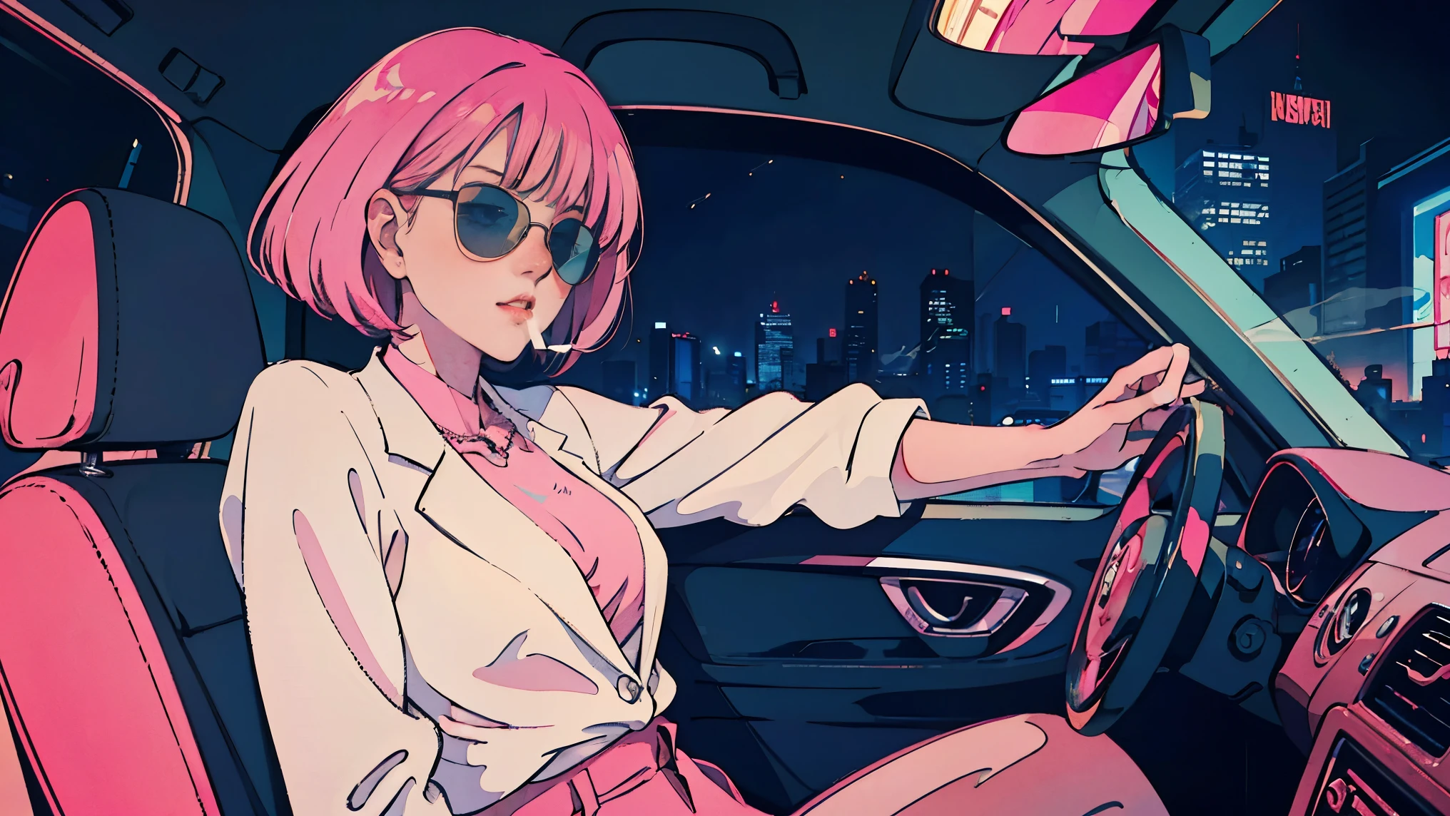 Asian beauty with pink hair riding in car at night, through window, perfect face, sunglasses, smoking white tailor-made cigarette, neo-noir, (after backlight correction: 1.1), hard shadow, masterpiece, top quality, , model shoot style, vintage, film grain, perfect details,city pop