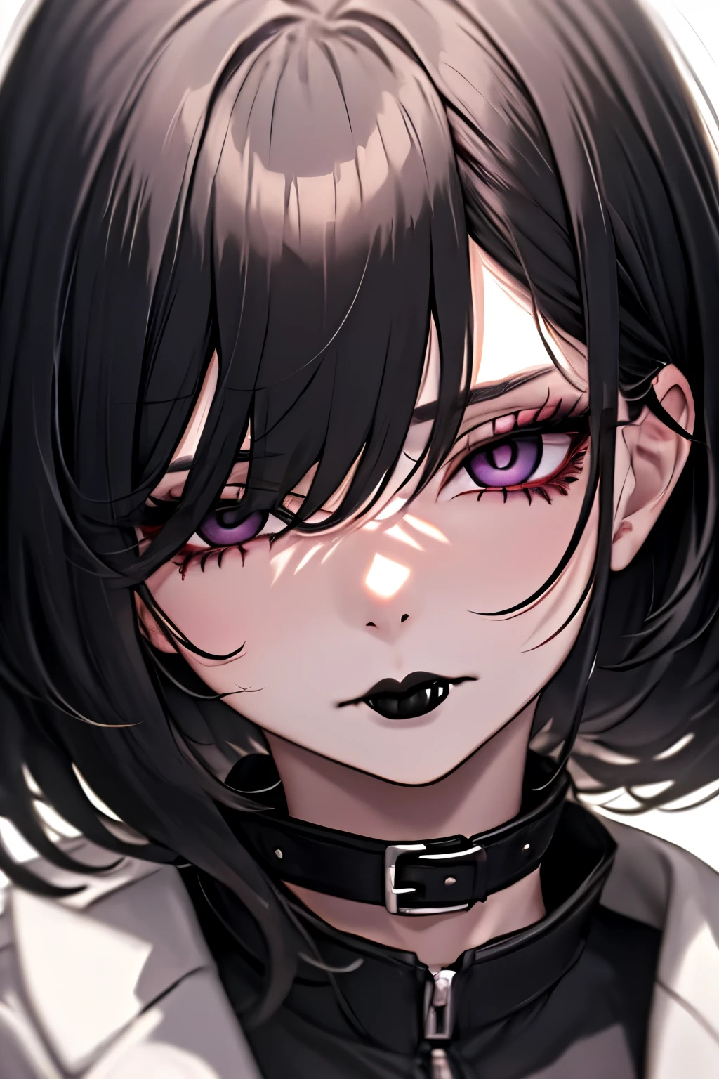 (masterpiece, best quality, ultra detailed), woman, solo, looking at viewer, close-up, hypnoLora, empty eyes, black hair, white jacket, outdoors, goth, pale skin, mascara, black eyes, eyeliner, breasts, black lips, black lipstick, smoky eyes, eye shadow, collar