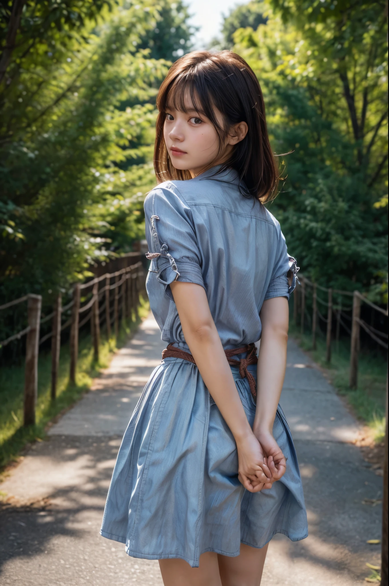 The woman has her hands tied、((Put your hands behind your back))、((Place your hands together and cross them behind your back))、(((Her wrists are tied with rope)))、shibari、Beauty、20age、university student、(anatomicaly, Has two arms and two hands)、Standing on a hill at night、There are a lot of trees、Beautiful night sky、There are many stars、A strong wind is blowing、Wearing a short-sleeved blouse、Wear a long skirt、Uniform eyes、Proportioned proportionedium build、Small breasts、Small face、(I can see from head to heel), Black Hair, bangs, swept bangs, Straight hair, Nervous, Messy Hair, Floating hair, Cinema Lighting, tachi-e, First-person view, throw, From behind, F/1.2, Nikon, Cowboy Shot, Surrealism, 超High resolution, Highest quality, High resolution, 8k, Textured skin, anatomicaly正しい体,