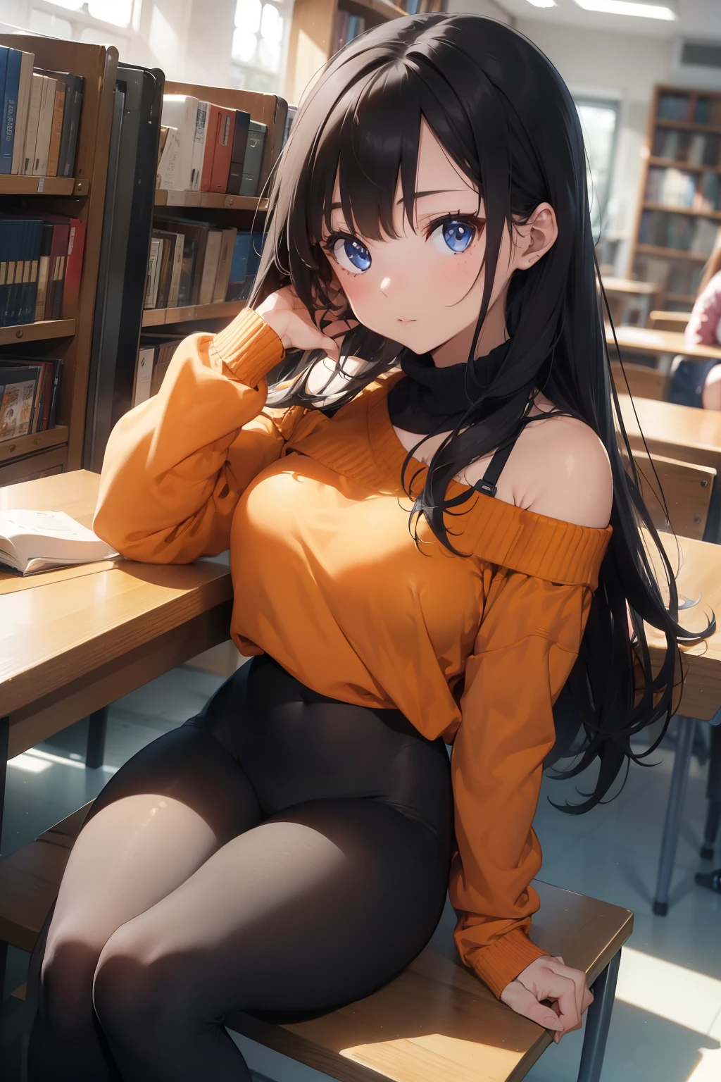 1girl, 21 yro, full body shot, long brunette hair, blue eyes, orange off-shoulder sweater, black spendex waist leggings, sitting in the library, hot, absurdres, high res, ultrasharp, 8K, masterpiece,