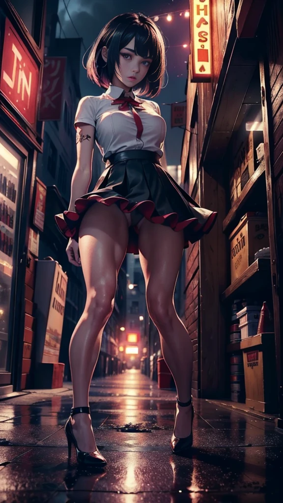 ((looking at camera in:1.2)),(approaching perfection:1.4),dynamic,(private parts showing vaginal area and vaginal hair),Sharp focus,hot and sensual dance, Lighting up,Vibrant brush strokes, Color bold,Be expressive, emotional, official art,Unity8k wallpaper,ultra-detailed,beautiful and beautiful,masterpiece,Best quality at best,1 girl,pretty eyes,The content is very detailed. ,dynamic,(very short skirt with ruffleedium:1.3),Chaos in its most beautiful form,Elegant, designs, vibrant colors,(Corner store,it's night,high heels shoe),8k,