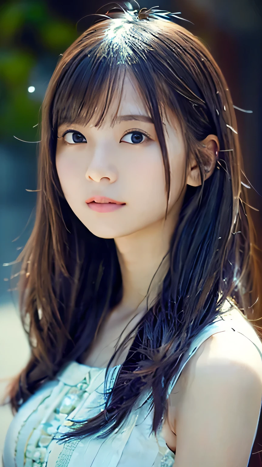 Highest quality,4K,8k,High resolution,masterpiece:1.2,Very detailed,Realistic:1.37,Portraiture,Soft colors,Gentle light,A girl exuding fatigue,Long flowing hair,Delicate features,Deeply contemplative eyes,White skin,Happy expression,Soft pastel colors,Great atmosphere,Sleeveless dress,Subtle brushwork,Dreamlike composition,Gazing into the distance,,Romantic atmosphere、Roppongi nightlife、,Calm colors,Soft Shadows、