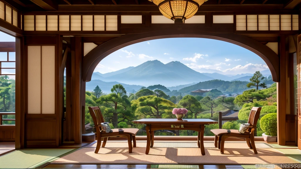 Photo 8k 3d uhd hyper-detailed ultra realistic representation oil paint, a table on which there is a Japanese teapot and a Japanese teacup with steam rising from it, a vase with a branch with cherry blossoms, in the background a round wooden archway that offers a view into a traditional Japanese garden, mountains can be seen in the distance