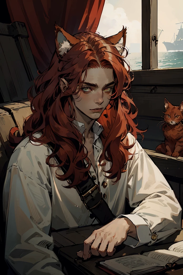 ((1 boy)), upper body, long red fluffy hair, ((red cat ears)), ears covered with hair, green eyes, long eyelashes, beautiful detailed eyes, White shirt, pirate setting, pirates, sea, on board an old ship, (red cat tail), soft light, beautiful detailed face, 8 K, masterpiece, Neko