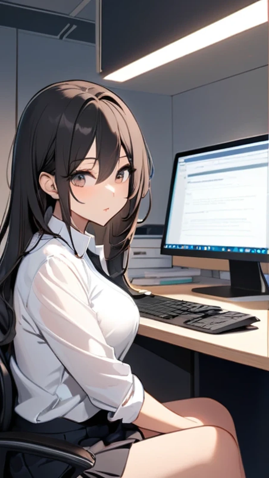 a cartoon woman sitting at a computer desk with her shirt on half way, 1girl, solo, breasts, shirt, skirt, sitting, white shirt