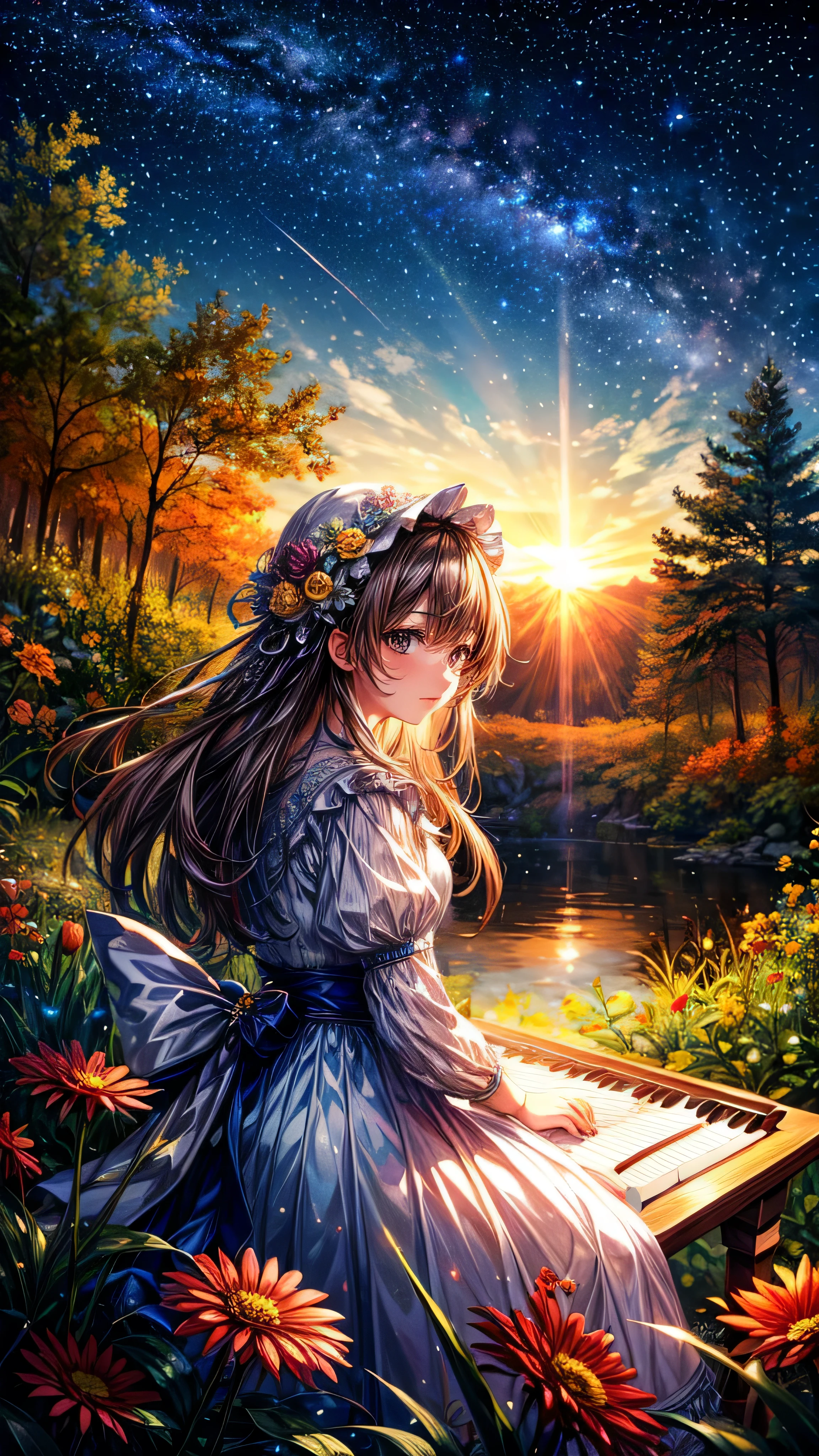 (((masterpiece)))、(((Highest quality)))、((Very detailed))、in the forest、Girl playing piano、play、Flowers Bloom、Calm、The light shines、Starry Sky、The wind is blowing、masterpiece,best quality,ultra detailed,high-resolution,8k portrait,unity 8k wallpaper,extremely detailed CG unity 8k wallpaper