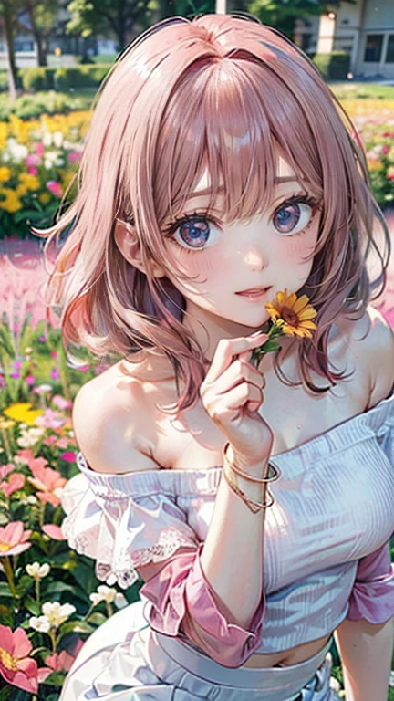 (Masterpiece, BestQuality:1.3), (ultra detailed:1.2), (hyperrealistic:1.3), (RAW photo:1.2), High detail RAW color photo, professional photograph, (Photorealistic:1.4), (realistic:1.4), (Pink Hair:1.5), professional lighting, perfect anatomy, (Big Breasts:1.2), (blush, detailed face), (A happy smile:1.7), sexly, erotic sexly, Random sexy gravure poses, (A beautiful woman wearing an orange off-shoulder top and a white skirt、A gentle expression in a flower field、Gold Bracelet、Pose picking flowers。:1.3)