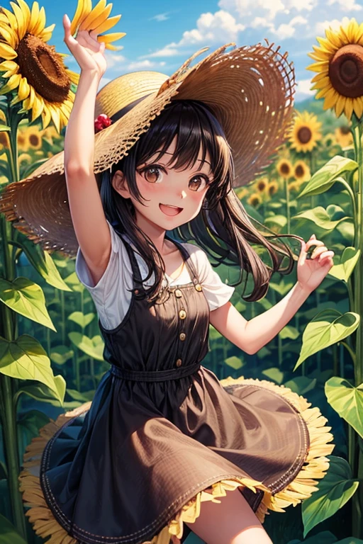 One woman,Small ,Black Hair,short,Light brown eyes,Brown dress,Checked dress,A truly joyful expression,Mouth wide open,smile,Straw hat,Sunflower field