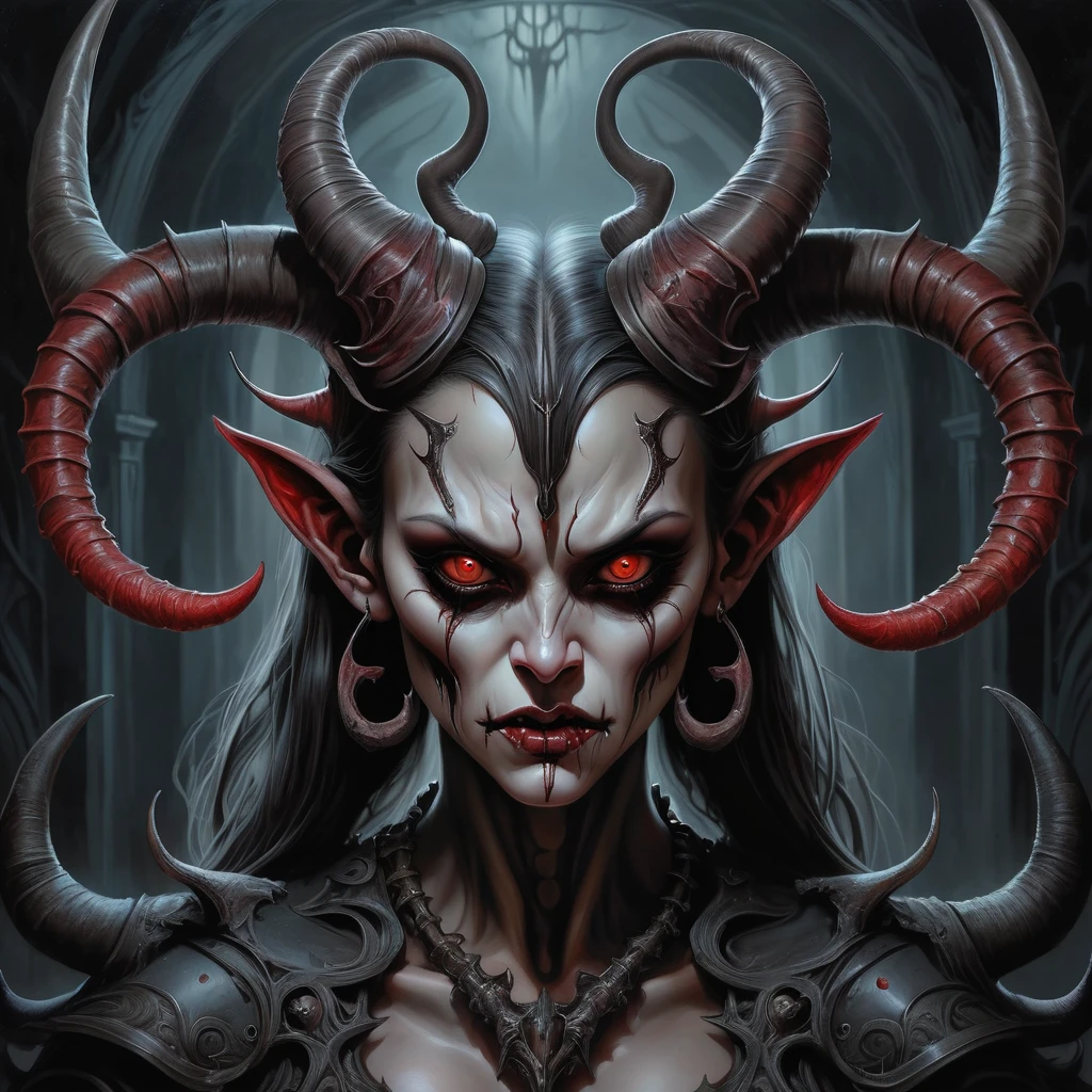 a painting of a woman with a demonic face and horns, detailed 4k horror artwork, adrian borda, highly detailed dark art, scary detailed art in color, stunning artwork, sci-fi horror artwork, fantasy horror art, dark fantasy horror art, horror fantasy art, sci - fi horror art, hajime sorayama aaron horkey