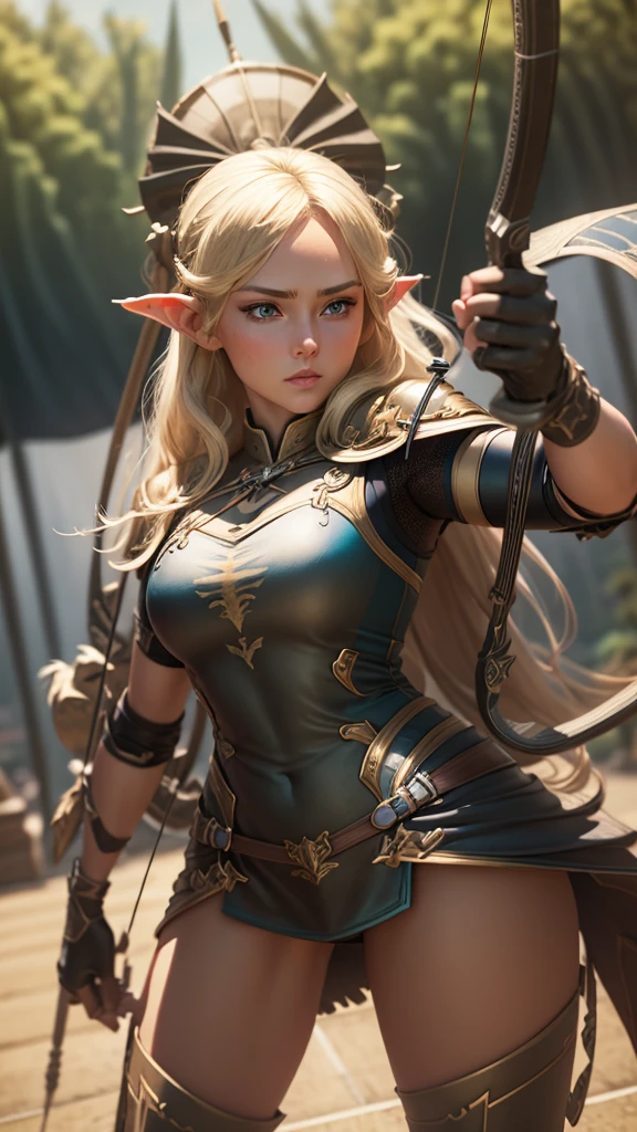 (creates a hyper-realistic 3D image of a beautiful blonde woman with blue eyes with spectacular and cool looks , date release position(artwork, Maximum quality, High resolution)), ((Highly detailed 8K unified CG wallpaper)), (huge awesome photo of goddess, Very hot and sexy, Amazing beauty, perfect proportions, beautiful body, slim body beauty:1.1), Silhouette of female goalkeeper with bow and arrow, woman with bow and arrow, woman with recurve bow, female goalkeeper, looking at bow and arrow, holding the bow and arrow, elf girl with bow and arrow, goalkeeper, holding the bow, longbow arrow, goalkeepery, longbow arrow, goalkeepery, holding the bow longo,in position to launch the date, cool dynamic poses, great views , 