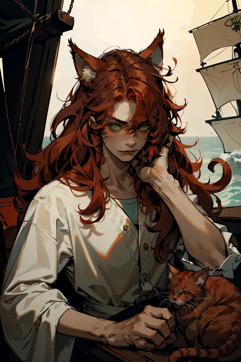 ((1 boy)), upper body, long red fluffy hair, ((red cat ears)), ears covered with hair, green eyes, long eyelashes, beautiful detailed eyes, White shirt, pirate setting, pirates, sea, on board an old ship, (red cat tail), soft light, beautiful detailed face, 8 K, masterpiece, Neko
