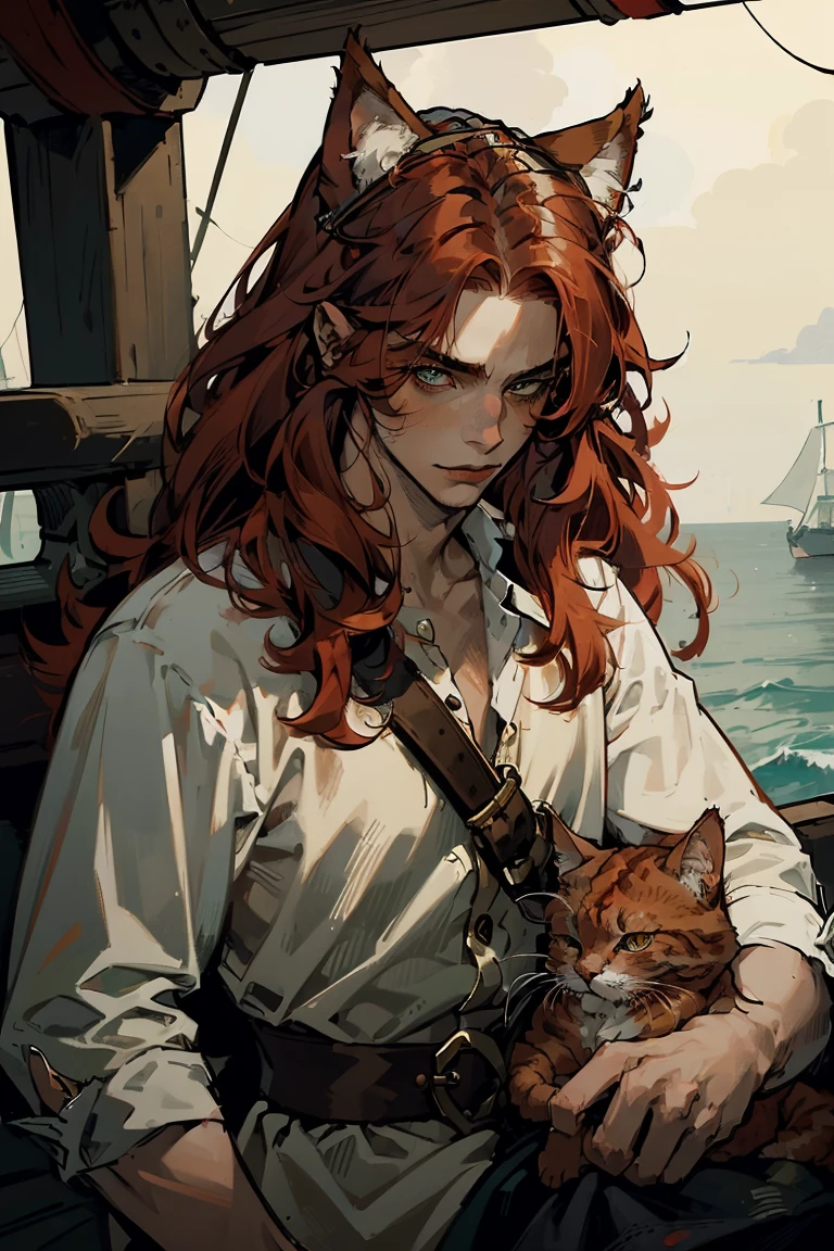 ((1 boy)), upper body, long red fluffy hair, ((red cat ears)), ears covered with hair, green eyes, long eyelashes, beautiful detailed eyes, White shirt, pirate setting, pirates, sea, on board an old ship, (red cat tail), soft light, beautiful detailed face, 8 K, masterpiece, Neko