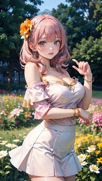 (Masterpiece, BestQuality:1.3), (ultra detailed:1.2), (hyperrealistic:1.3), (RAW photo:1.2), High detail RAW color photo, professional photograph, (Photorealistic:1.4), (realistic:1.4), (Pink Hair:1.5), professional lighting, perfect anatomy, (Big Breasts:1.2), (blush, detailed face), (A happy smile:1.7), sexly, erotic sexly, Random sexy gravure poses, (A beautiful woman wearing an orange off-shoulder top and a white skirt、A gentle expression in a flower field、Gold Bracelet、Pose picking flowers。:1.3)