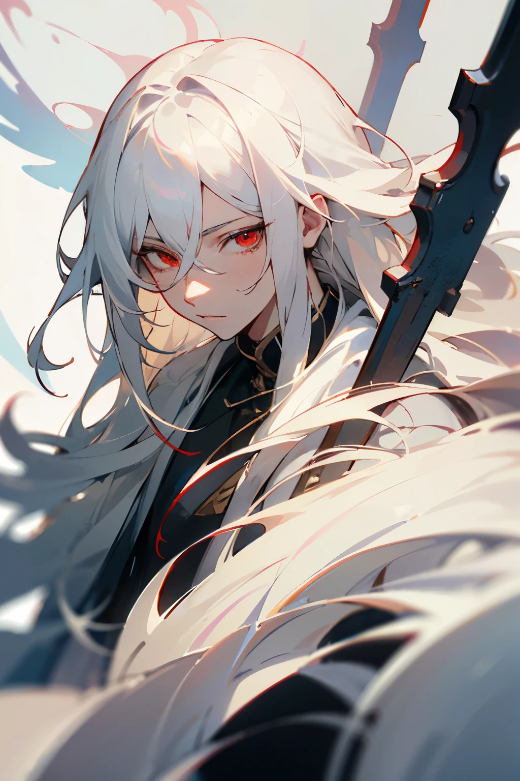 ((best qualityer)), ((work of art)), (detailded), male, long hair, white hair, red eyes, fair skin,