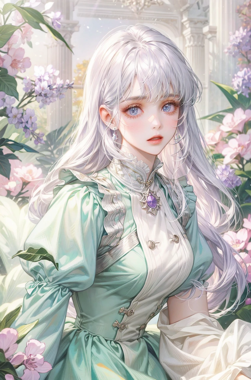 Noble woman, Caucasian skin, purples eyes, white hair color, comprido