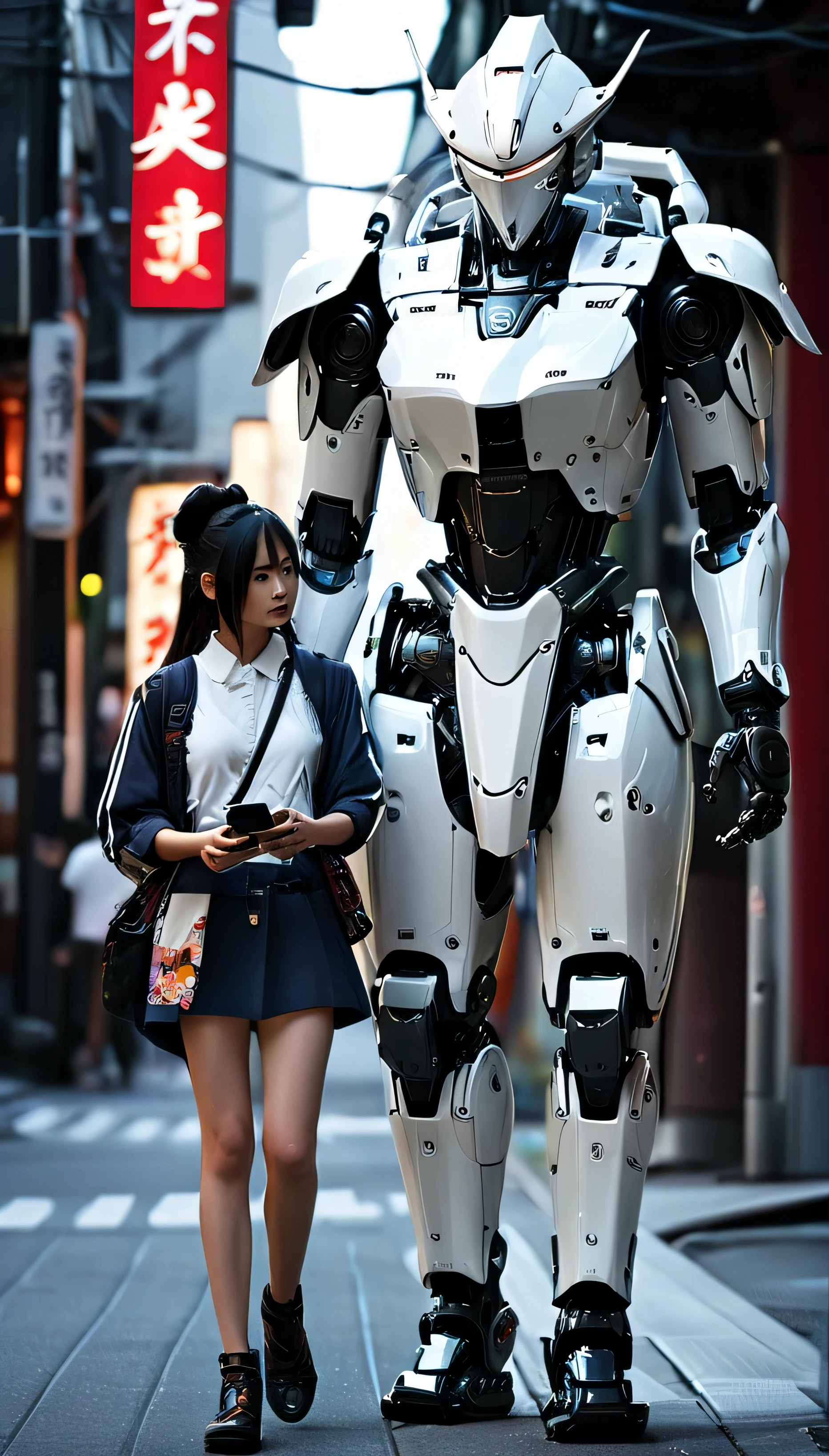 Girl walking on the street holding a phone texting, , walking next to a highly detailed and realistic samurai robot bodyguard with humanoid features. The setting is an urban street that appears to be in Japan, with a background of bright city lights and signs. The contrast between traditional clothing and futuristic robots will be striking, emphasizing the blend of historical culture with cutting-edge technology.katana ,