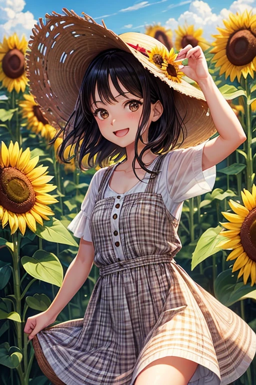 One adult woman,Small ,Black Hair,short,Light brown eyes,Brown dress,Gingham Check One Piece,A truly joyful expression,Mouth wide open,smile,Straw hat,Sunflower field