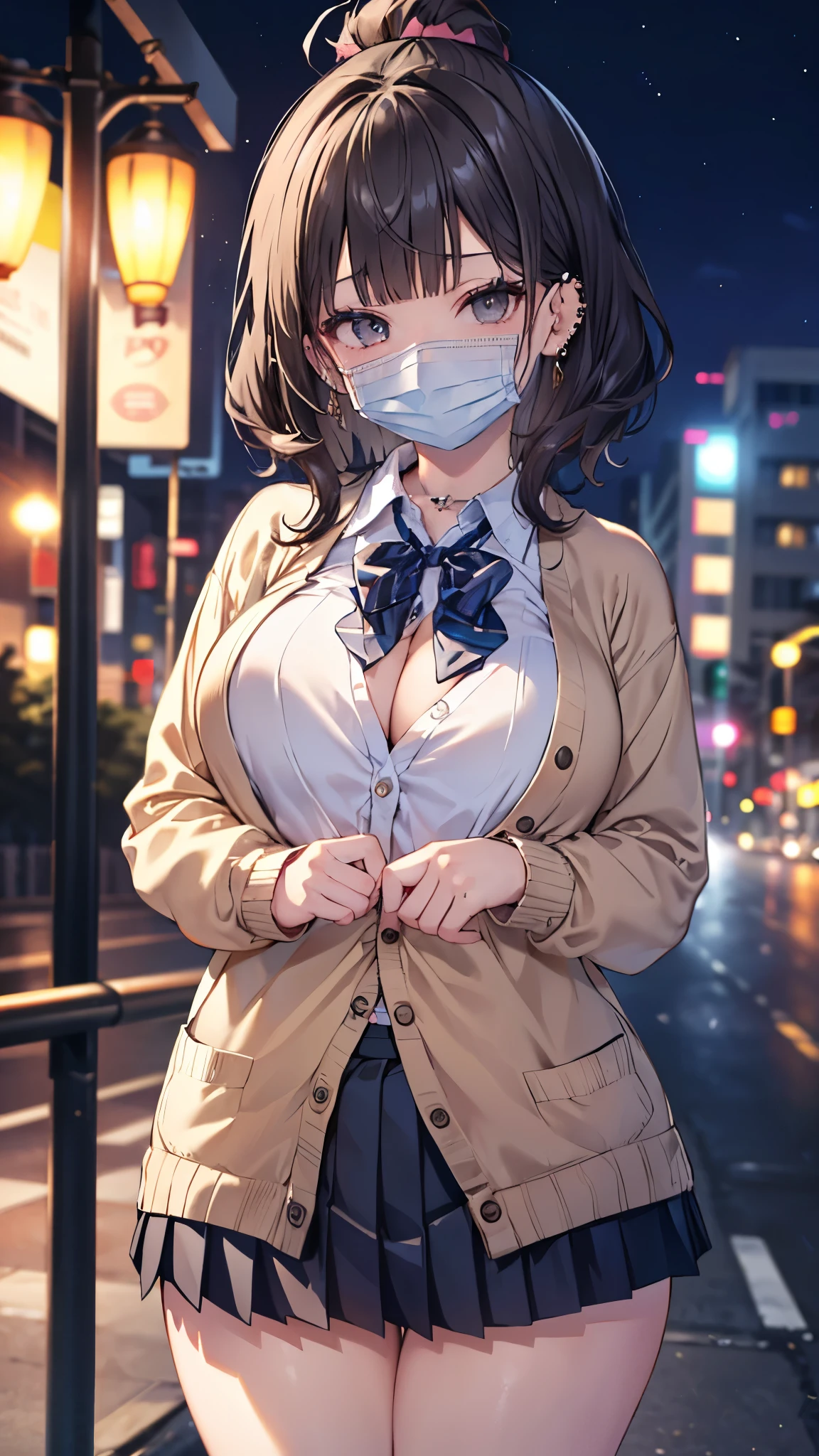 (masterpiece、Highest quality、Very detailed))、One girl、gyaru、Black Hair、topknot、blunt bangs、Grey Eyes、surgical mask、((lots of piercing))、Large Breasts、((White collared shirt))、A bow tie、((brown cardigan))、((Black pleated skirt))、Thick waist、Thick thighs、Cowboy Shot、((night))、Downtown background
