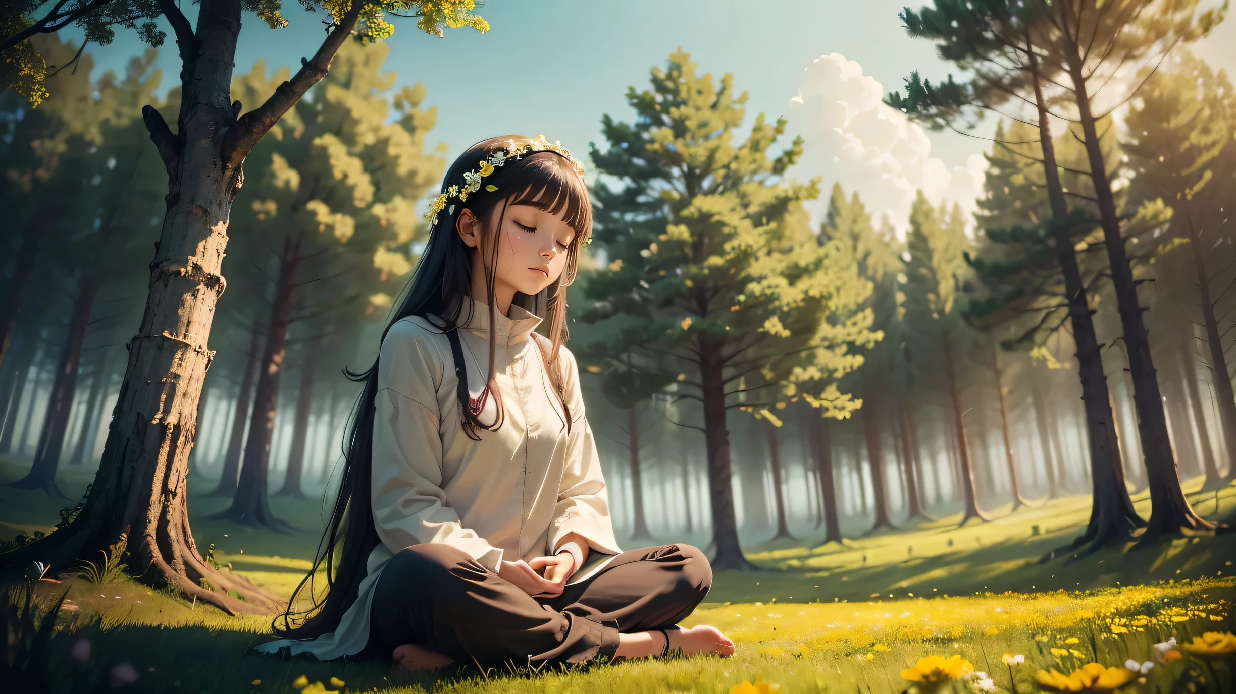 A photo of a girl meditating, surrounded by nature, like a peaceful forest or a field full of colorful flowers..
This image conveys a sense of serenity, connection with nature and an atmosphere of peace, which is consistent with the tone of the prayer.