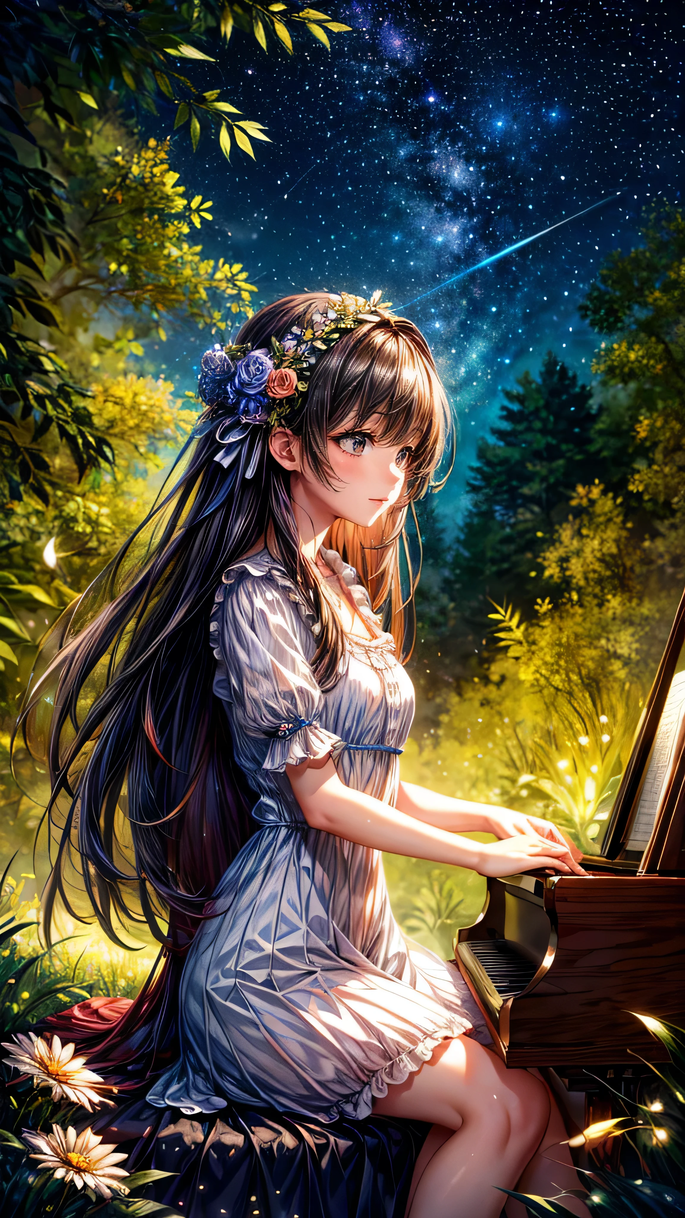 (((masterpiece)))、(((Highest quality)))、((Very detailed))、in the forest、Girl playing piano、play、Flowers Bloom、Calm、The light shines、Starry Sky、The wind is blowing、masterpiece,best quality,ultra detailed,high-resolution,8k portrait,unity 8k wallpaper,extremely detailed CG unity 8k wallpaper