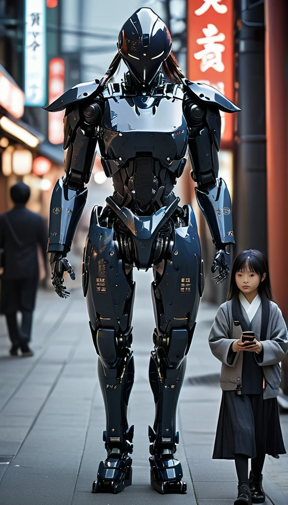 Girl walking on the street holding a phone texting, , walking next to a highly detailed and realistic samurai robot bodyguard with humanoid features. The setting is an urban street that appears to be in Japan, with a background of bright city lights and signs. The contrast between traditional clothing and futuristic robots will be striking, emphasizing the blend of historical culture with cutting-edge technology.katana ,jang nara.