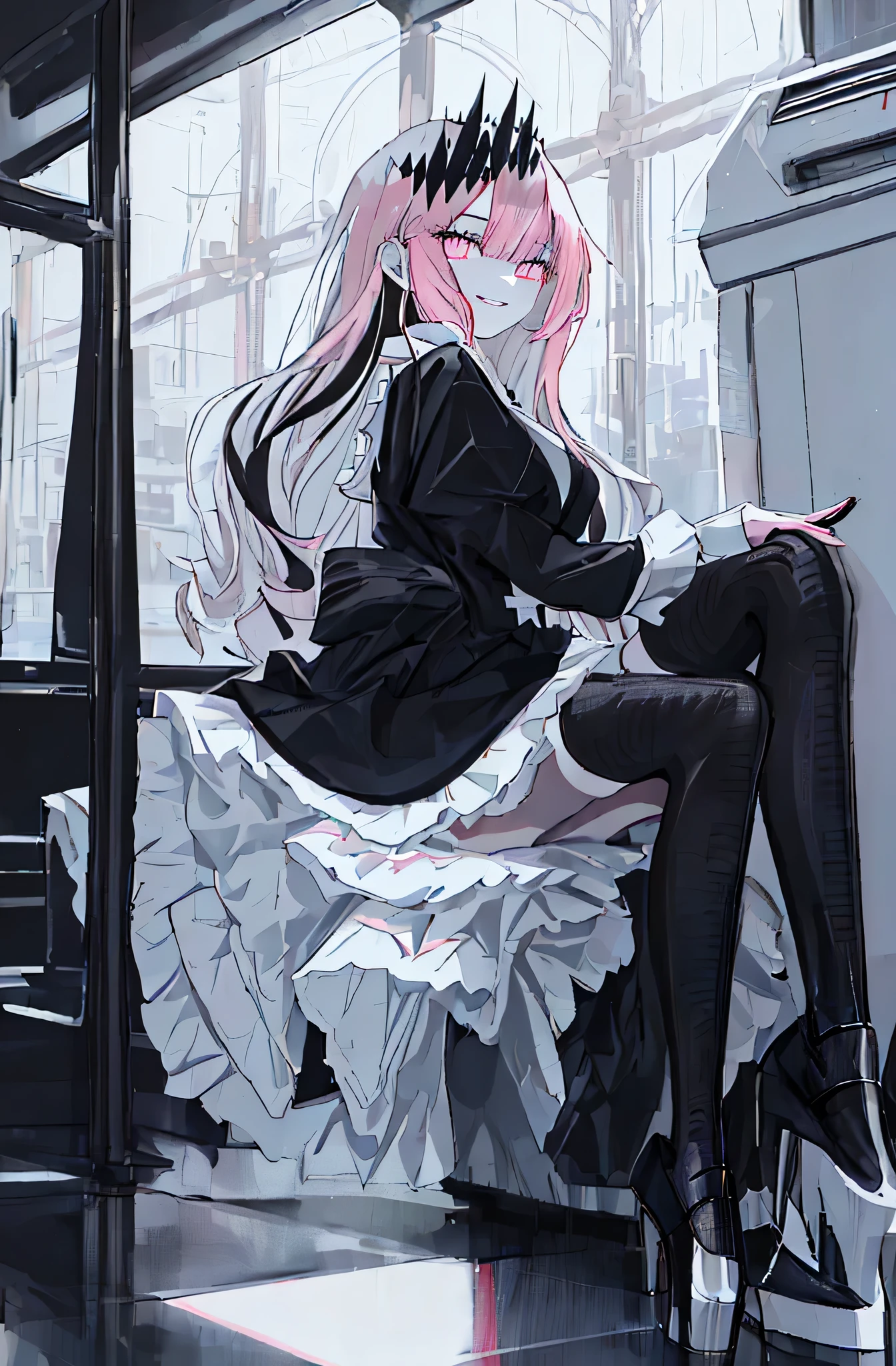 (solo), (girl),(((adult))), (pink eyes),(black long hair),(blunt bangs),(+perfect hand+:1.21),(Draw an illustration of cute girl),(slender),white skin,(white and black maid clothes),laugh,smile,((((adult)))), black and white clothes,((black long hair)),((black long hair)),((black long hair)),((black long hair)),((dynamic angle)),(dynamic pose),party hall,evil smile,(thin legs),slender,(whole body),