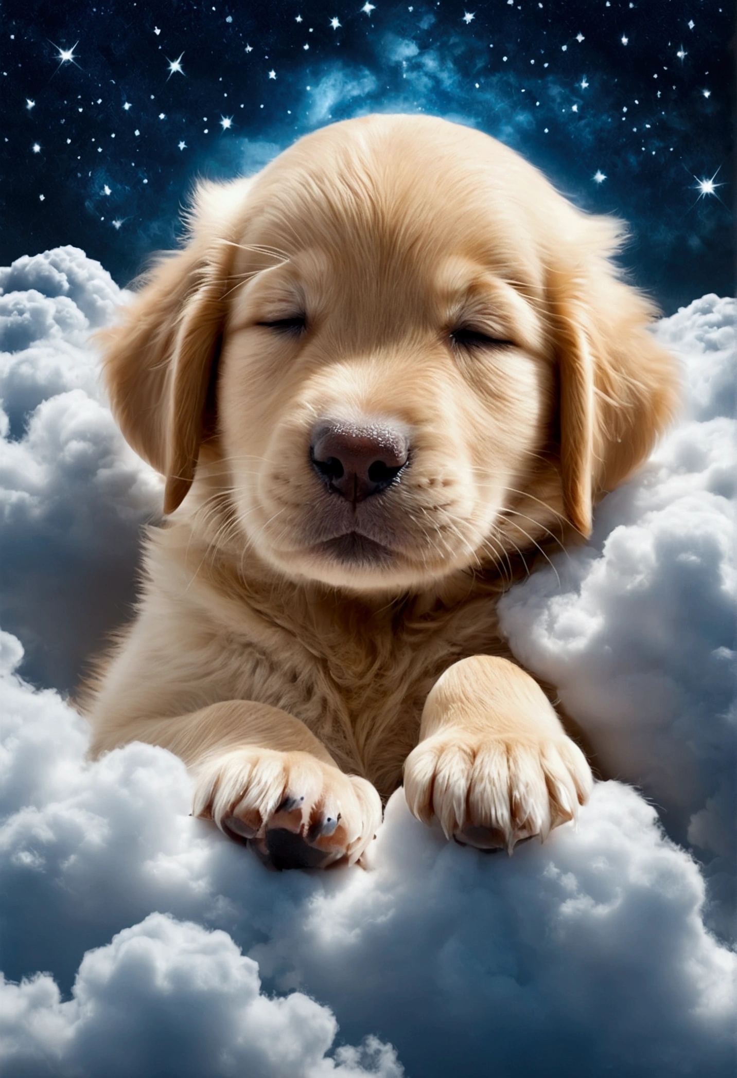 One adorable puppy sleeping in the clouds. Breed: Golden Retriever, ultra-detailed, 4K, high resolution, best quality, masterpiece. Surrounded by white clouds (emphasis: 1.6) with a starry night sky in the background. The puppy is sleeping with its eyes closed, smiling happily. The sky is blue.