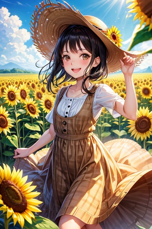 One adult woman,Small ,Black Hair,short,Light brown eyes,Brown dress,Gingham Check One Piece,Long dress,A truly joyful expression,Mouth wide open,smile,Straw hat,Sunflower field