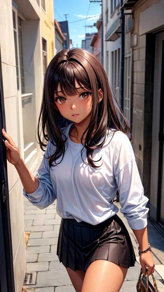 with dark brown hair Dark brown eyes Brown skin tone Wearing a with skirt