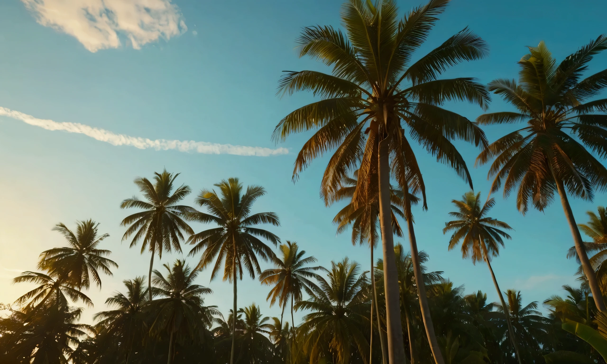 cinematic scene, very wide slide shot of the blue sky golden hour with lot of coconut tree, rap ghetto music video vibe, 4k realistic