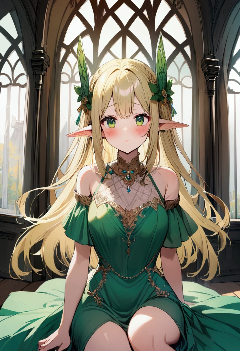 1girl with long blonde hair, green eyes,elven ears, green dress with open shoulders,castle room, blush
