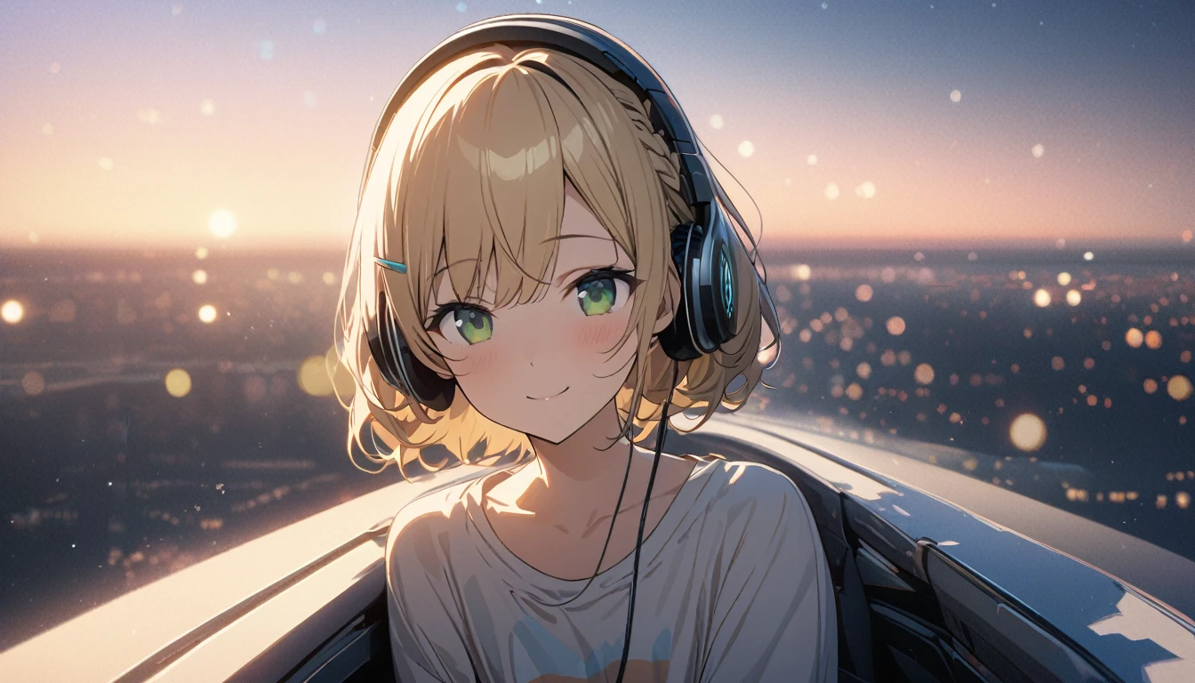 one girl, blonde short hair and bob hair、a braid, I tied my hair in a bun with a hair clip..、beautiful green eyes、smile、gentle smile on her face、flat chest, one Beautiful girl,((masterpiece, illustration, best quality) ((ultra-detailed)), wearing headphones,Traveling,One girl,relax,The background is dusk, gentle smile on her face, 濃い青とBeautiful Blueのグラデーション, High resolution, 8K HD detail, hyper-detail, cinematic, surrealism, soft light, deep field focus bokeh, ray tracing and surrealism. --v6
