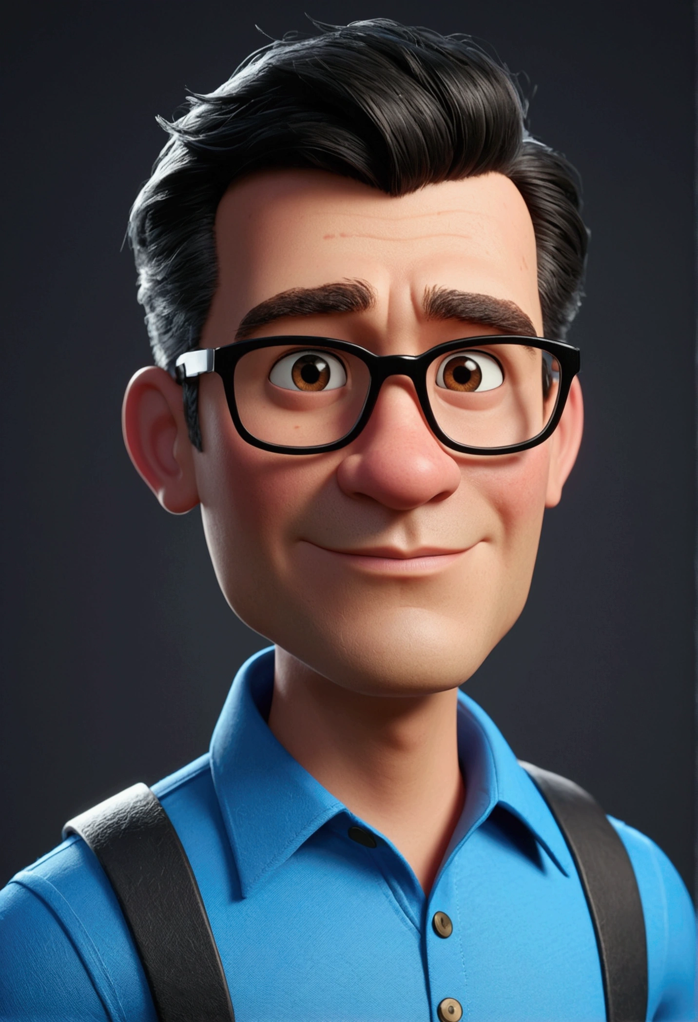 Cartoon character of a man in black glasses and blue shirt, an animated character, stylized character, animation style rendering, 3d stylized, Arnold Maya rendering, Stylized 3D rendering, toon render screenshot, 3d character, 3d character, Stylized 3D rendering, 3D character rendering, cartoon character, Personagem de close up, character posing, (Pixar-style) (master part:1.2) (bokeh) (best qualityer) (skin detailed) (detailed texture) (8k) (Argilla) (cinematic lighting) (sharp focus,Sits and makes the upper body smoother face