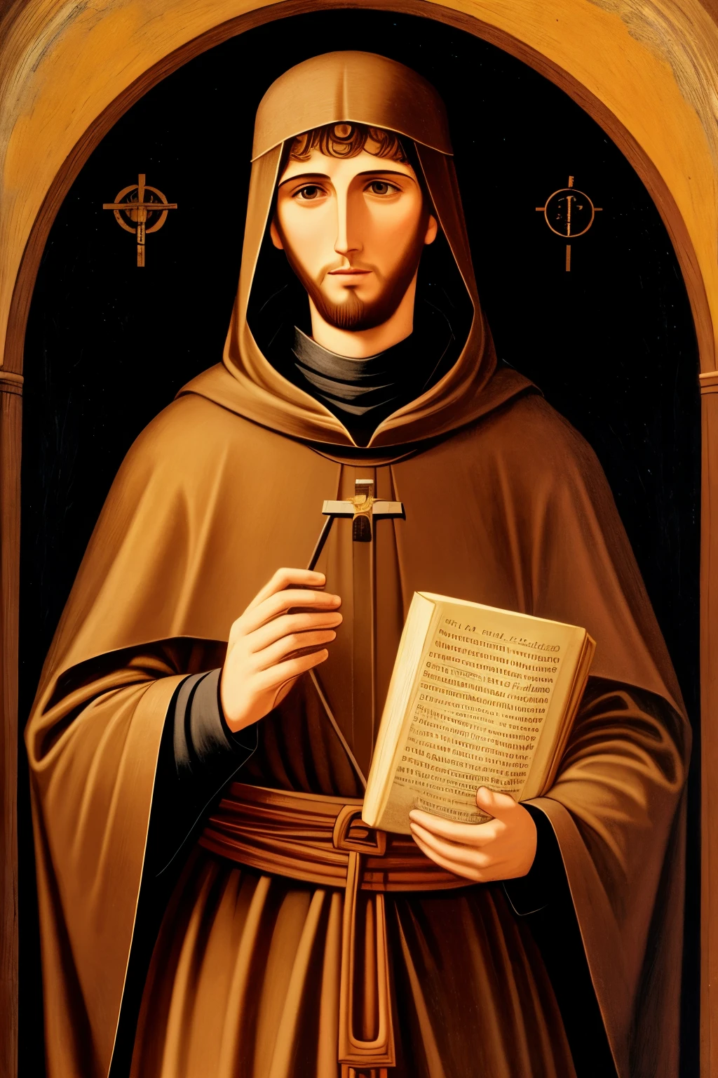 Illustration of Saint Francis of Assisi, wearing friar's clothes, standing with right arm extended, Romanesque style, Sacred art