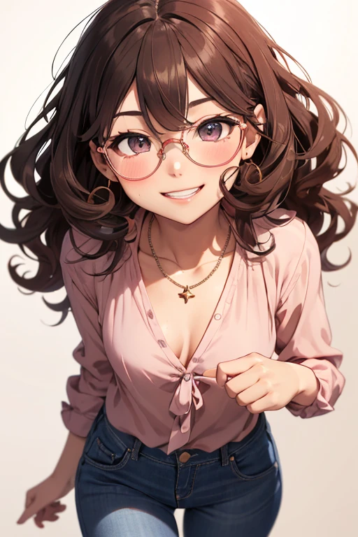 Kizi, アニメ, very curly hair, curls, curls, dark brown hair, long hair, hair flying, Caucasian skin, brown dark eyes, round glasses, little pink blouse, jeans, small necklace, cheerful grin, pinky skin, blush cheeks
