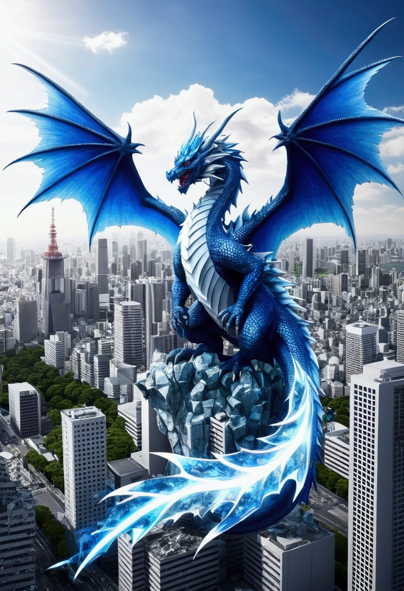 Tokyo destroyed by monsters,(((diamond、crystal)))、blue and white dragon with big wings,((destroy the city))