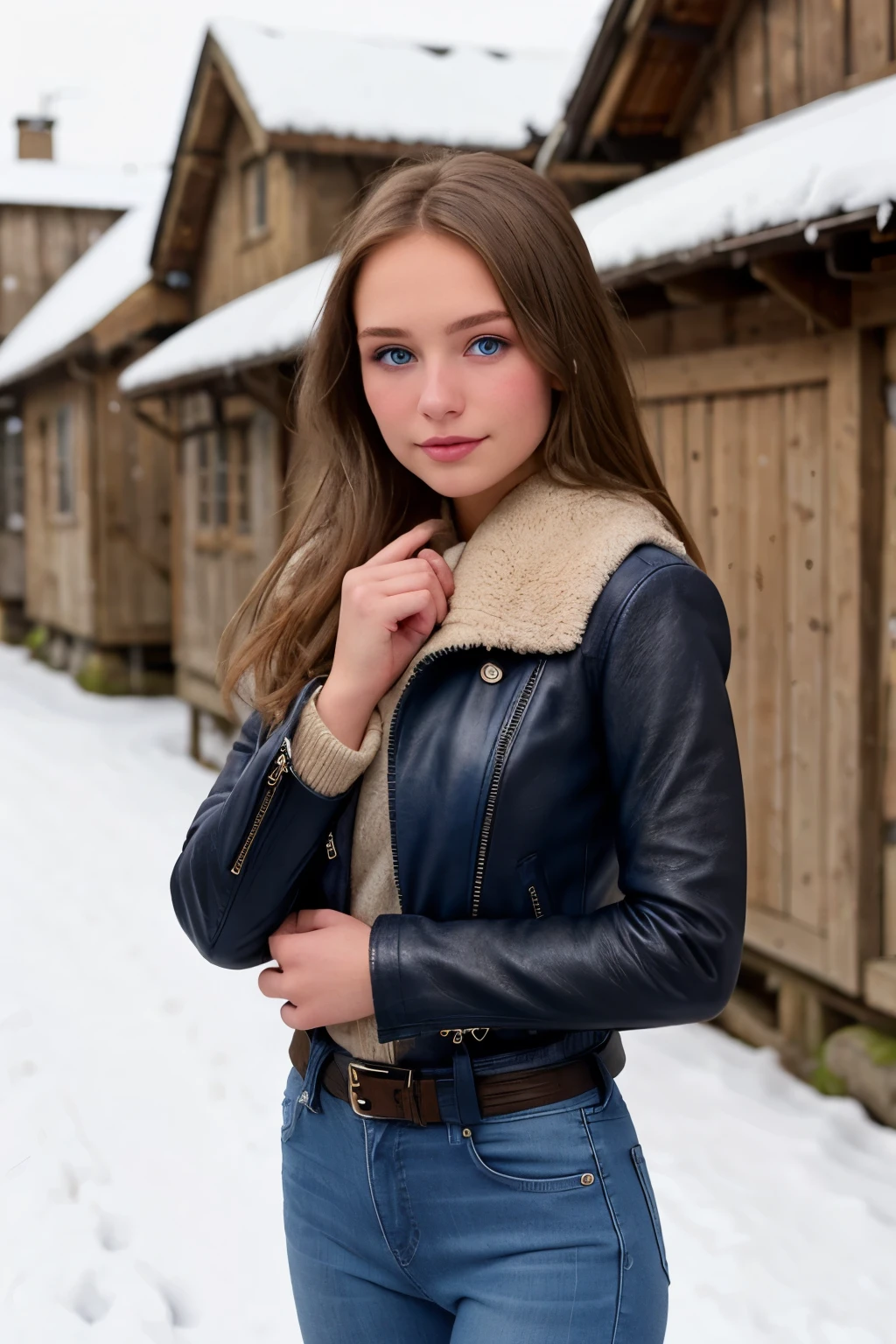 Very pretty girl, brunette hair, blue eyes, wearing black leather jacket and jeans, snow covered village (Lore Connie)