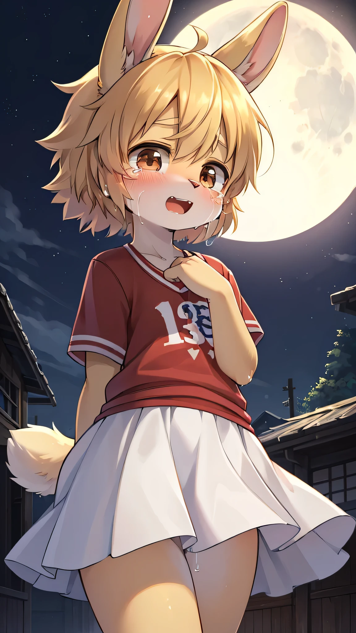rabbit boy,super high quality,Very detailed,High resolution,Cute art style in anime,(Cheerful teenager,13 years old:1.3),alone,single,tears,cry,the last time,sorry,A lot of tears from the eyes,moon,