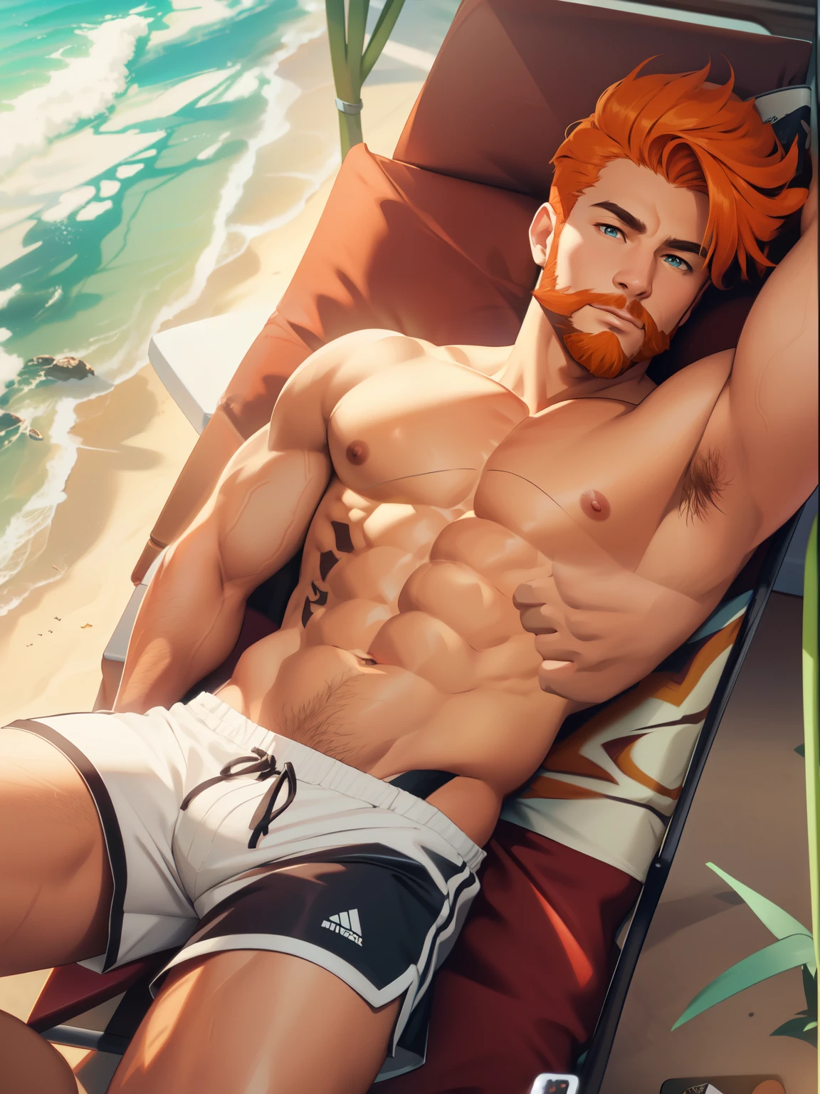 a man, handsome adult shirtles,30 years old,(orange hair and full beard), white sports shorts (best quality, 4k, 8k, high resolution, masterpiece: 1.2), palm trees on the horizon, bulky. detailed facial features, spectacular lighting, from above, anatomically correct, super detail, sitting on a lounge chair with the cell phone in his hand
