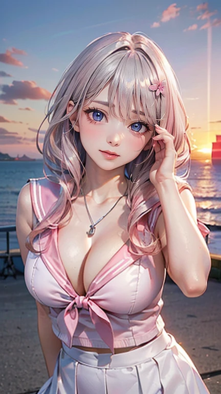 ((Highest quality, 8k, masterpiece :1.3)), (Sharp focus :1.2, Beautiful woman with perfect figure :1.4, Slim Abs), ((Big Breasts, Accentuate your cleavage:1.2)), (PhotoRealistic:1.4), (Realistic:1.4), (Pink Hair:1.5), Highly detailed face and skin texture, fine grain, double eyelid. Makeup Face, A little bit of lipstick, Sex Appeal, Sexy sculpture pose, ((Pink sailor suit and white skirt、The background is a seaside sunset、Winking high school girl、Silver Pendant。:1.3)