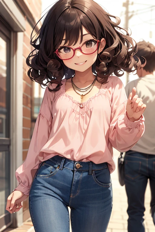 Kizi, アニメ, very curly hair, curls, curls, dark brown hair, long hair, hair flying, Caucasian skin, brown dark eyes, round glasses, little pink blouse, jeans, small necklace, cheerful grin, pinky skin, blush cheeks