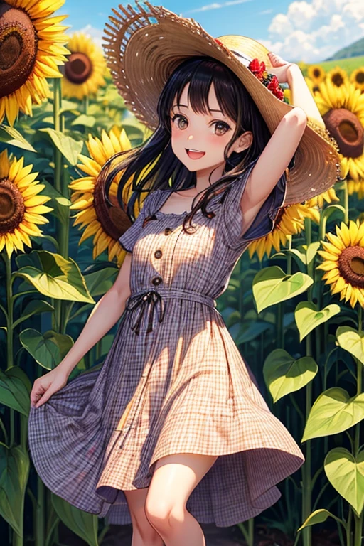 One adult woman,Small ,Black Hair,Berry Short,Light brown eyes,Brown dress,Gingham Check One Piece,Long dress,A truly joyful expression,Mouth wide open,smile,Straw hat,Sunflower field