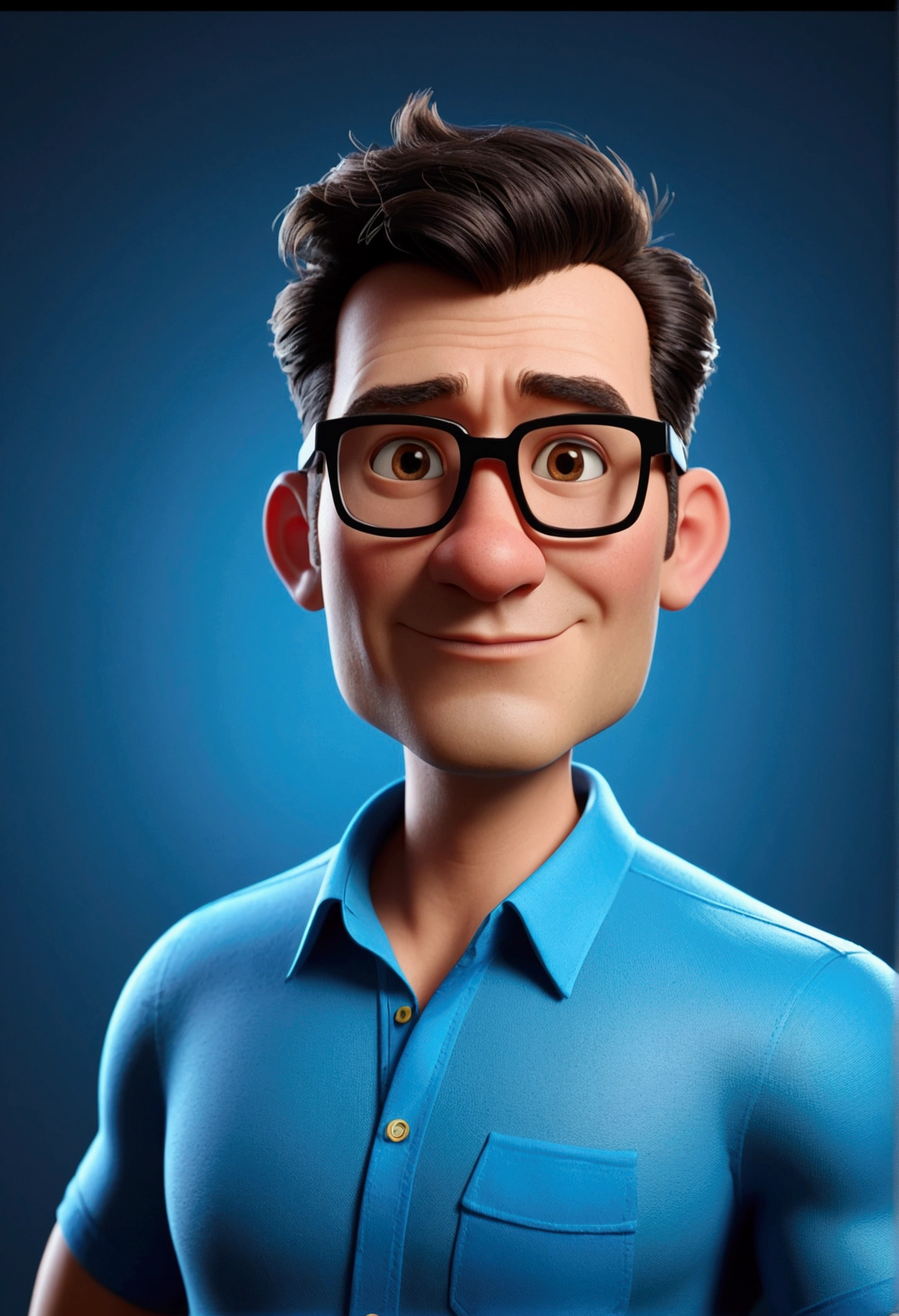 Cartoon character of a man in black glasses and blue shirt, animation character, stylized character, animation style rendering, 3d stylized, Arnold Maya rendering, Stylized 3D rendering, toon render screenshot, 3d character, 3d character, Stylized 3D rendering, 3D character rendering, cartoon character, Personagem de close up, character posing, (Pixar-style) (master part:1.2) (bokeh) (best qualityer) (skin detailed) (detailed texture) (8k) (Argilla) (cinematic lighting) (sharp focus