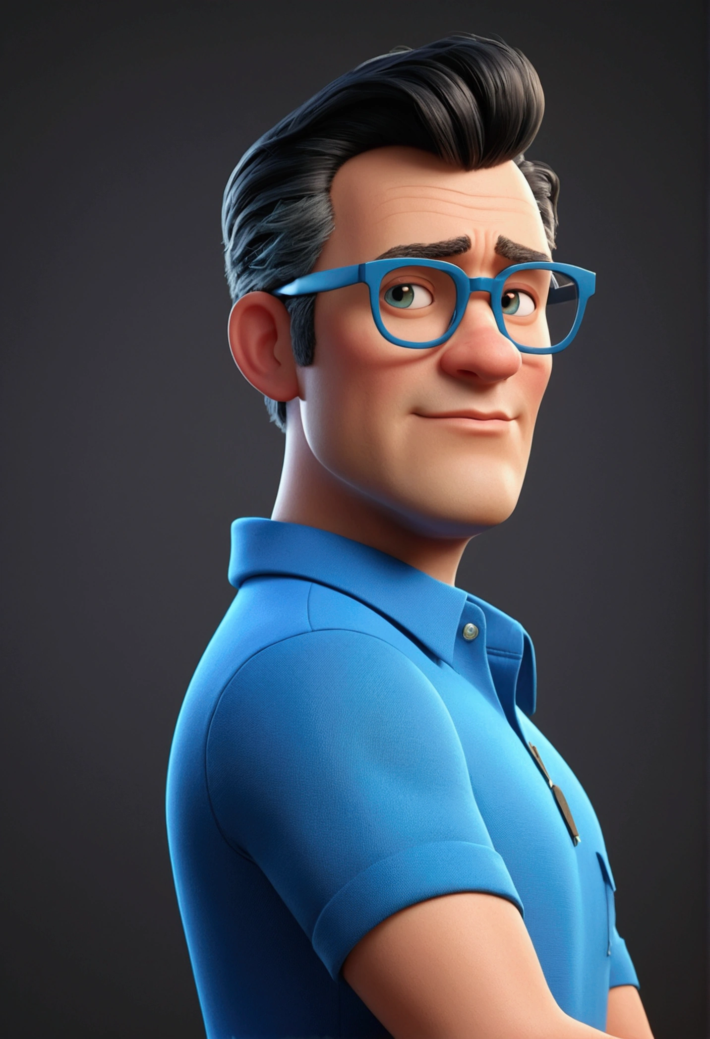 Cartoon character of a man in black glasses and blue shirt, animation character, stylized character, animation style rendering, 3d stylized, Arnold Maya rendering, Stylized 3D rendering, toon render screenshot, 3d character, 3d character, Stylized 3D rendering, 3D character rendering, cartoon character, Personagem de close up, character posing,  (Pixar-style) (master part:1.2) (bokeh) (best qualityer) (skin detailed) (detailed texture) (8k) (Argilla) (cinematic lighting) (sharp focus
