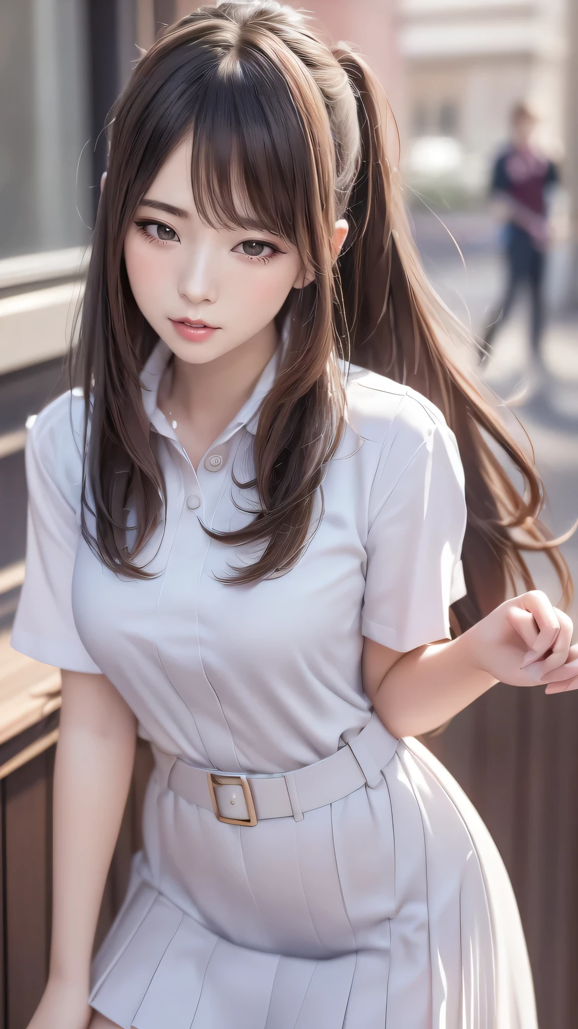 high school girl,(leaning forward:1.2),(random hairstyle),(Highest image quality,(8K), Ultra-realistic, Best Quality, High quality, High Definition, high quality texture, high detailing, Beautiful detailed, fine detailed, extremely details CG, Detailed texture, realistic representation of face, masterpiece, presence)