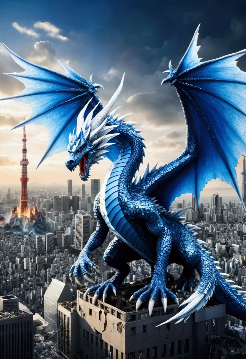 Tokyo destroyed by monsters,(((diamond、crystal)))、blue and white dragon with big wings,(((destroy the city)))