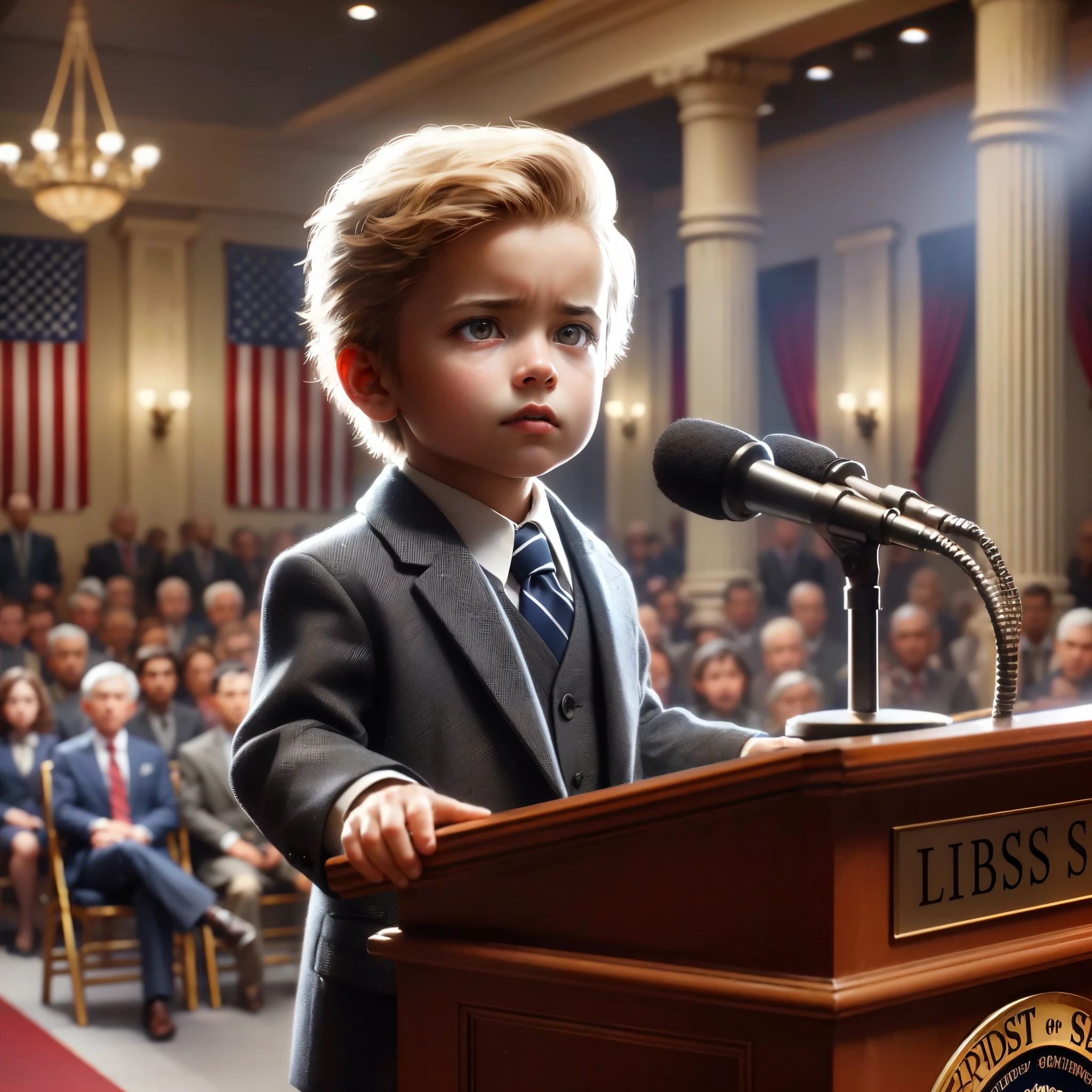 A realistic depiction of a young child delivering a speech at a podium. The child is wearing formal clothes, such as a suit and tie, and standing confidently. The front of the podium displays the child's name. The background features a few American flags and a small audience of children and adults. The setting is a realistic venue with elegant decorations and proper lighting. The child's expression is serious and focused, conveying the importance of the message being delivered.