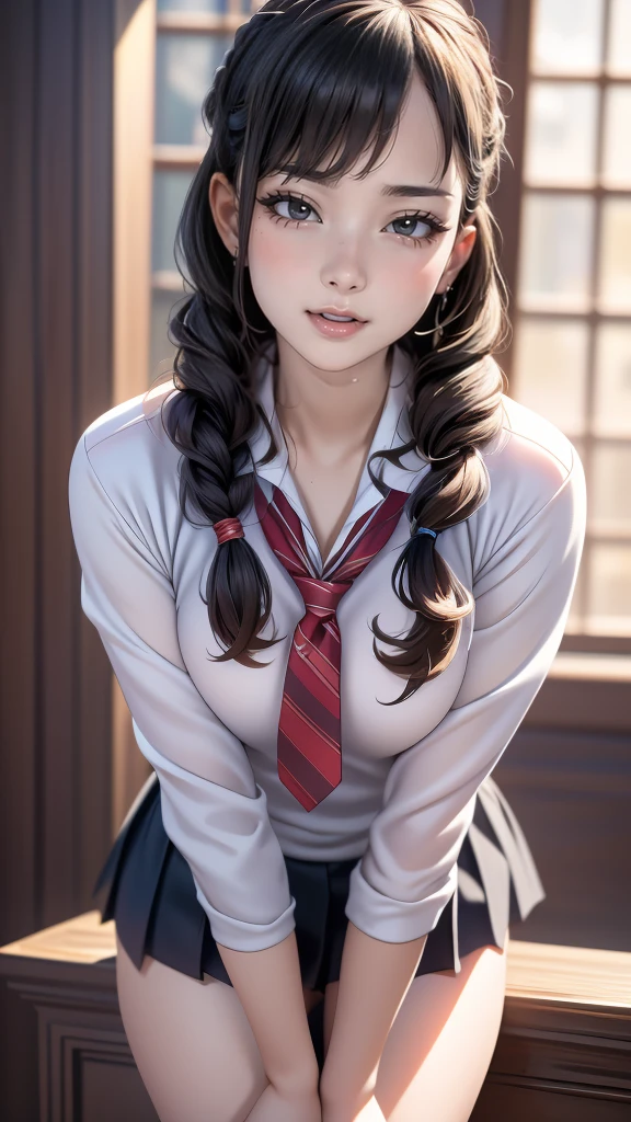 high school girl,(leaning forward:1.2),(random hairstyle),(Highest image quality,(8K), Ultra-realistic, Best Quality, High quality, High Definition, high quality texture, high detailing, Beautiful detailed, fine detailed, extremely details CG, Detailed texture, realistic representation of face, masterpiece, presence)